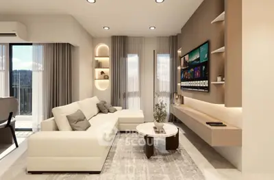 Modern living room with elegant decor and large windows offering natural light.