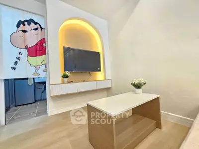 Modern living room with stylish TV setup and cozy decor