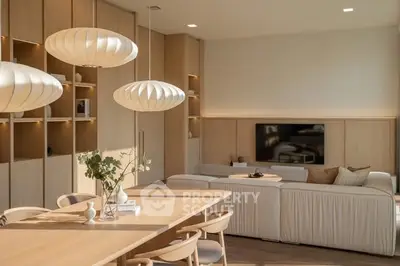 Modern living room with elegant lighting and cozy seating area