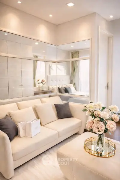 Elegant living room with beige sofa, mirrored wall, and floral centerpiece in modern apartment.