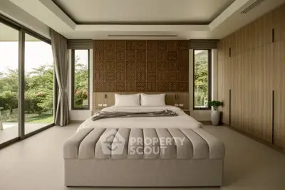 Luxurious bedroom with modern design and garden view, featuring elegant decor and spacious layout.
