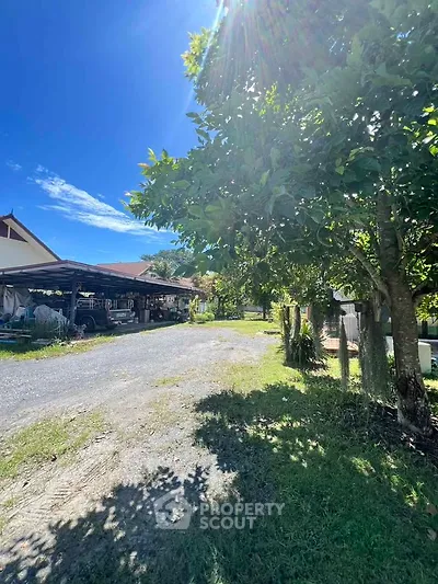 Charming rural property with spacious outdoor area and lush greenery under a clear blue sky.