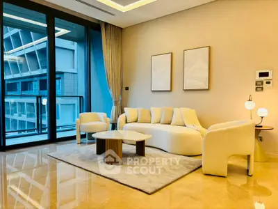 Luxurious modern living room with elegant furniture and large windows offering stunning views.