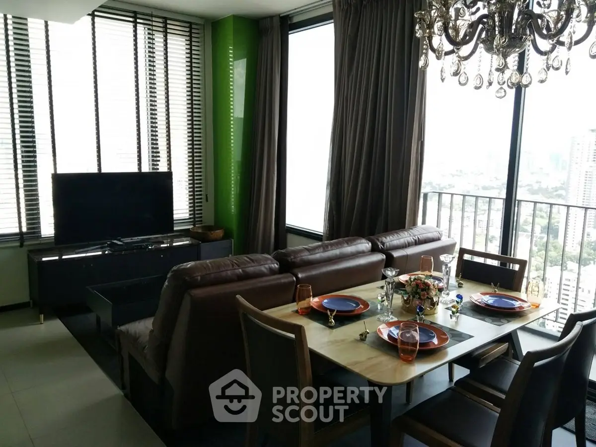 Luxurious living room with dining area and stunning city view from high-rise apartment.