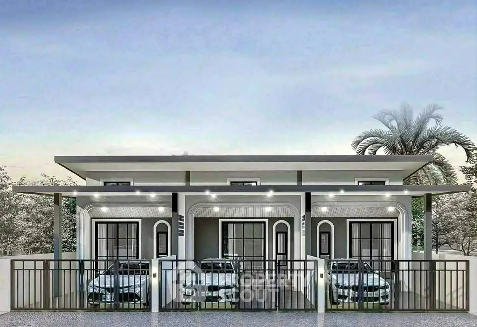 Modern duplex with sleek design and spacious parking, featuring contemporary architecture and lush surroundings.