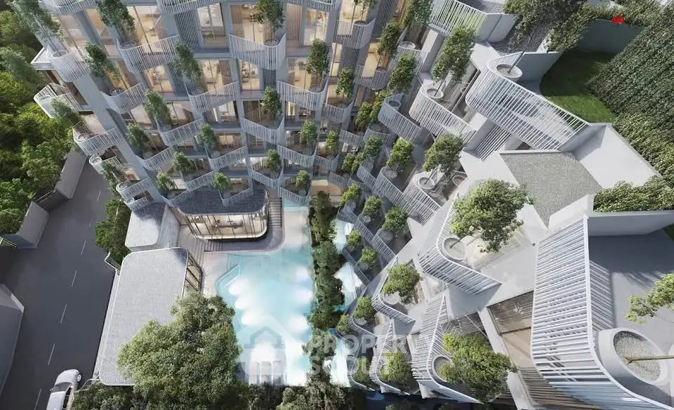 Stunning architectural building with lush greenery and pool view, showcasing modern urban living.