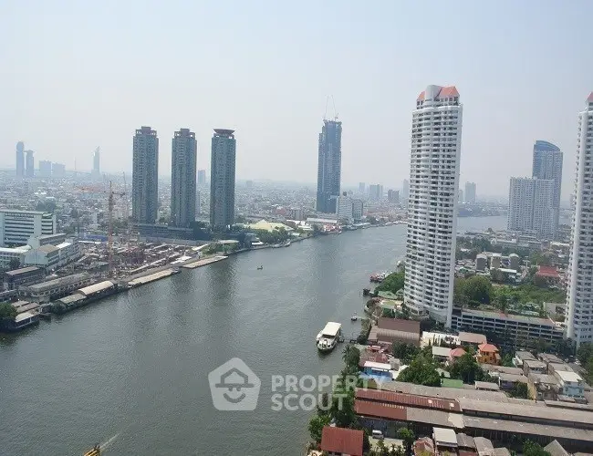 Stunning river view with modern high-rise buildings in a bustling cityscape.