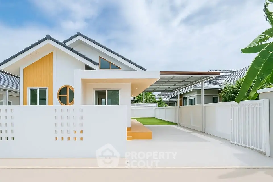 Modern white house exterior with unique architectural design and lush green surroundings.