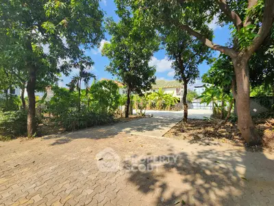 Spacious garden area with lush greenery and paved pathway in a serene residential setting.