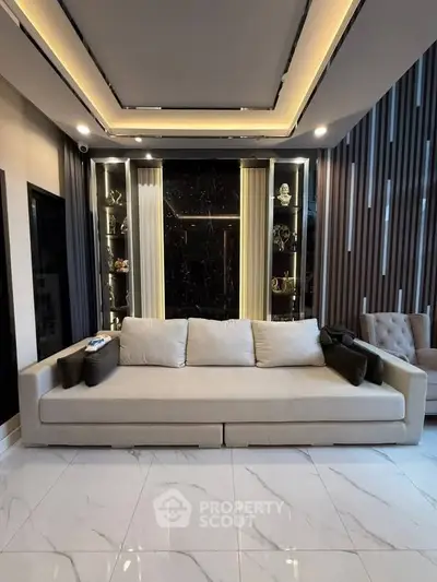 Luxurious modern living room with elegant sofa and decorative shelving