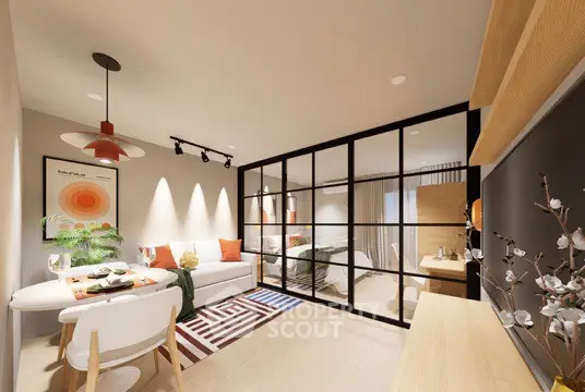 Modern open-plan living room with stylish decor and dining area