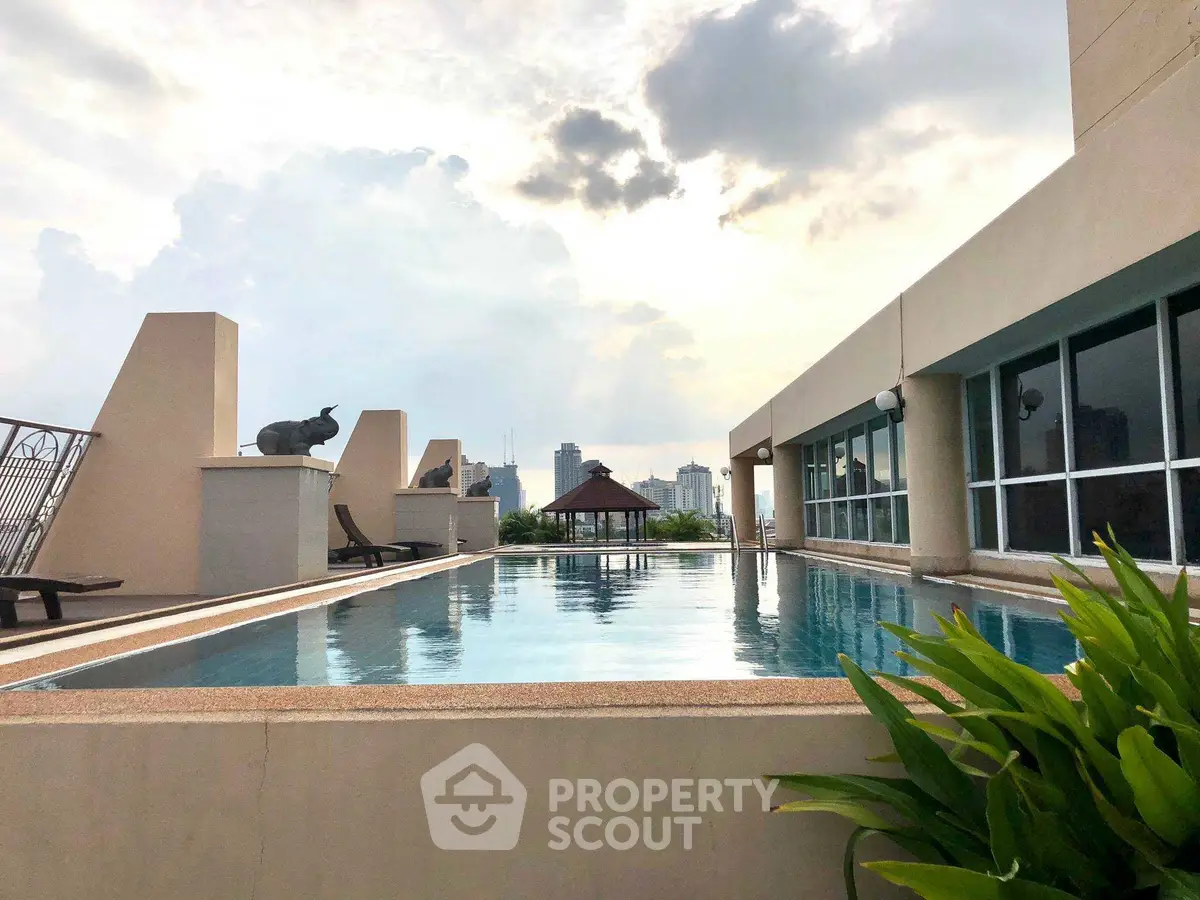 Stunning rooftop pool with city skyline views, perfect for relaxation and leisure.