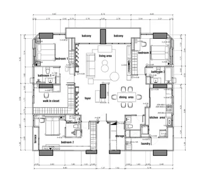Spacious apartment floor plan with two balconies, three bedrooms, and modern kitchen layout.