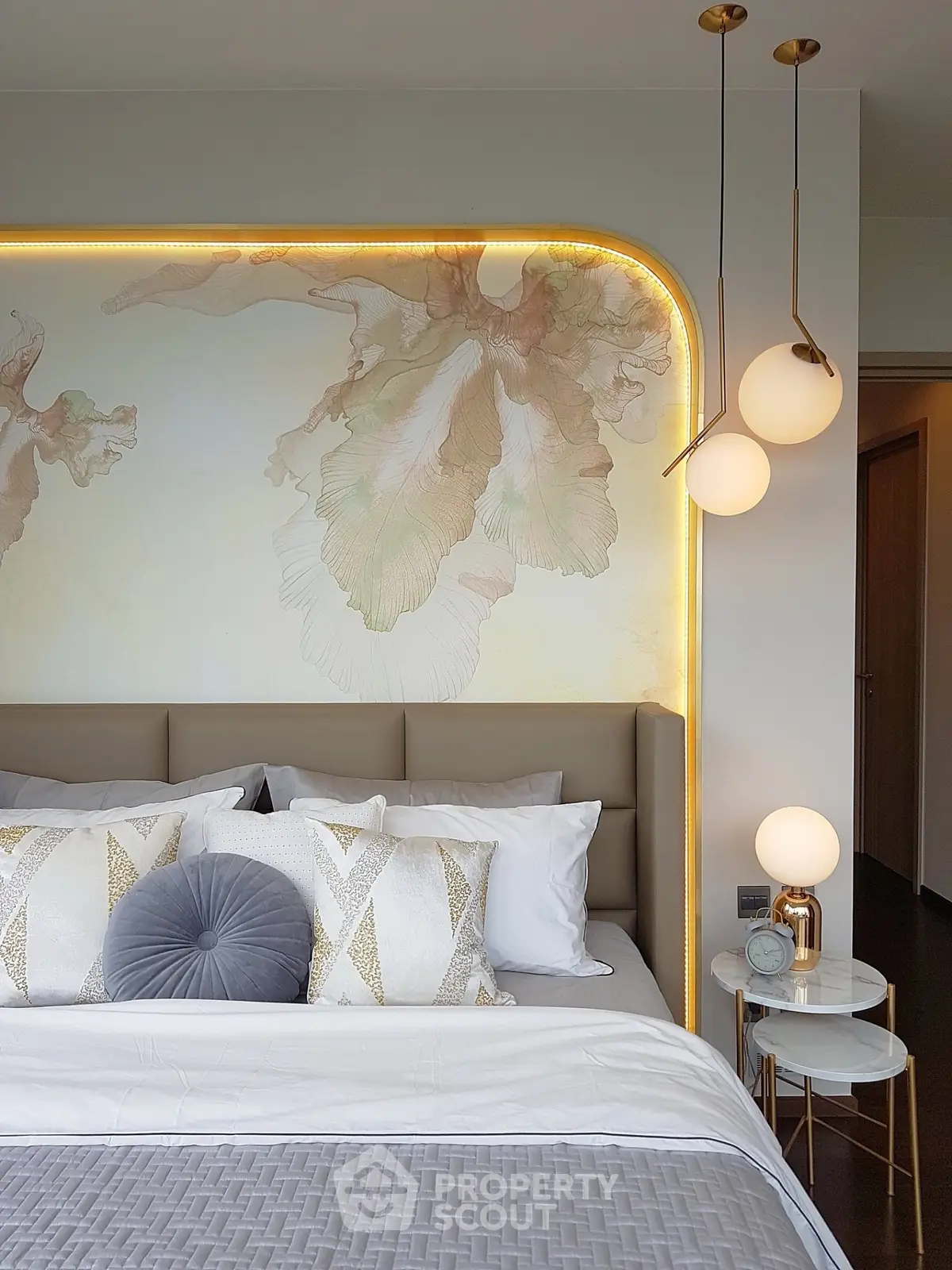 Luxurious bedroom with elegant lighting and stylish decor
