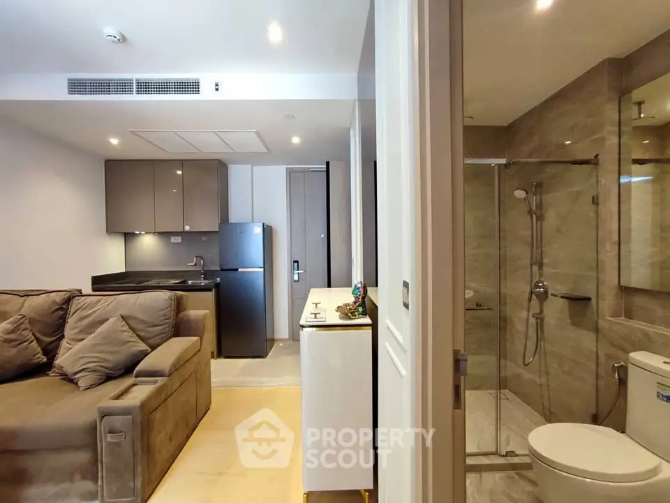 Modern apartment interior with cozy living room and sleek kitchen adjacent to a stylish bathroom.