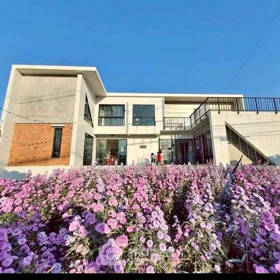 Stunning modern home with beautiful flower garden and spacious balcony under clear blue sky.