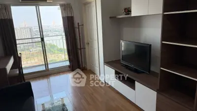 Modern living room with balcony view and stylish shelving unit