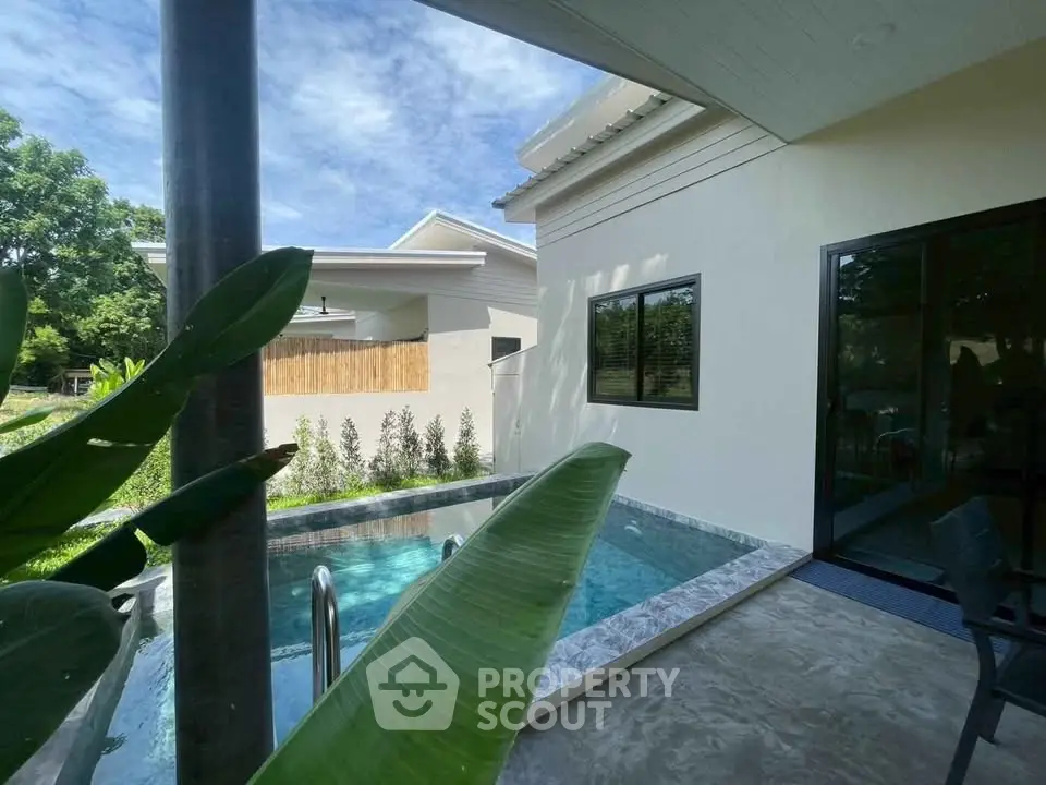 Modern home exterior with private pool and lush greenery