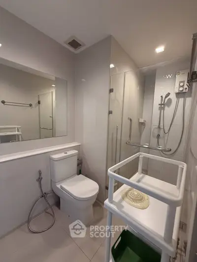 Modern bathroom with shower, toilet, and safety handrails for accessibility.