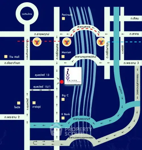 Map showing location of River condominium near major landmarks and roads.
