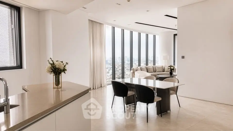 Luxurious open-plan living room with panoramic city views and elegant dining area.