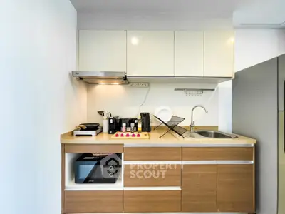 Modern compact kitchen with sleek cabinets and built-in appliances, perfect for urban living.