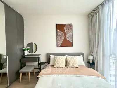 Modern bedroom with stylish decor and natural light