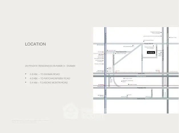 Map showing location of private residences in Rama 9 Ekamai area with nearby road distances.