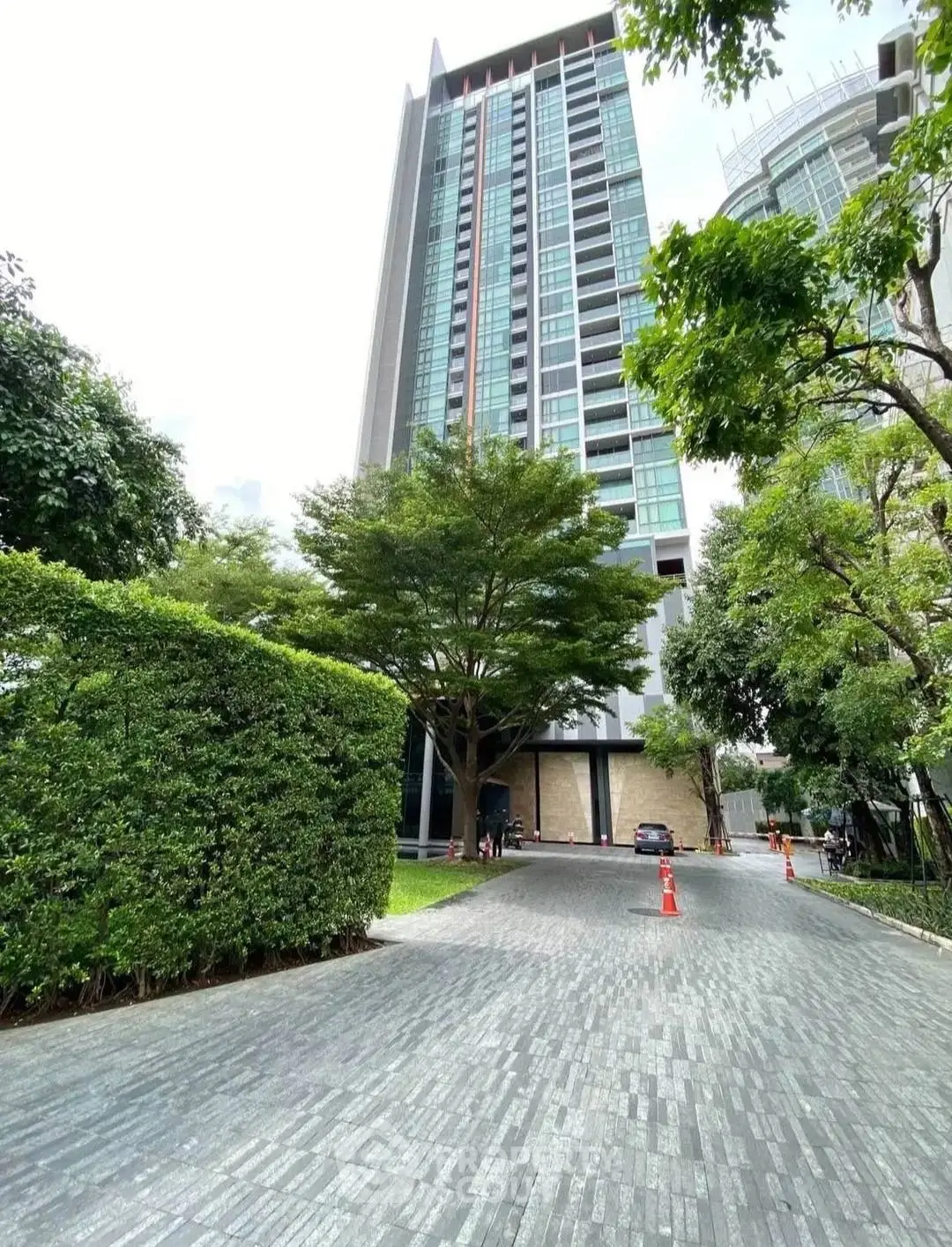 Modern high-rise building with lush greenery and paved driveway entrance.