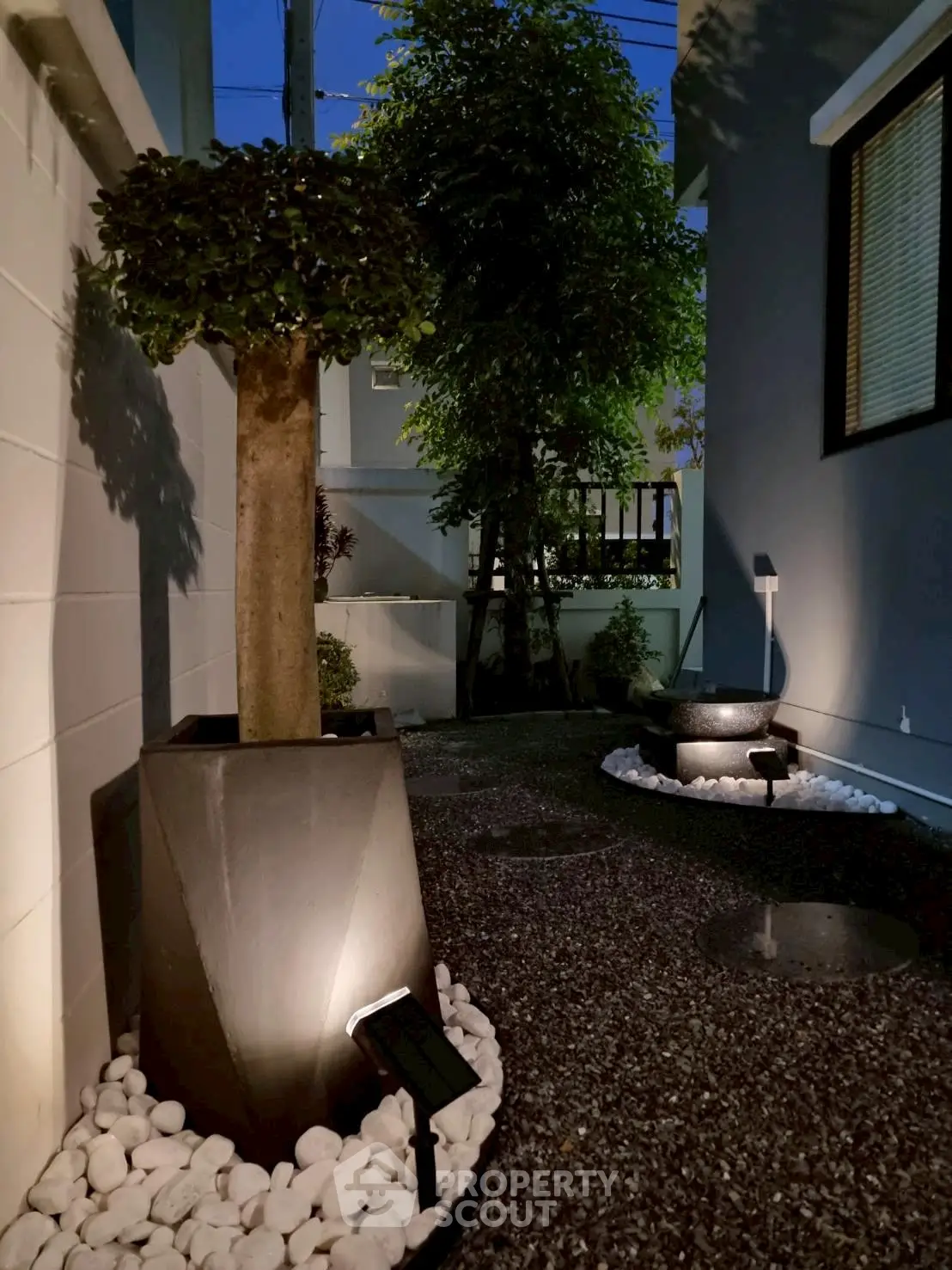Charming nighttime garden with modern lighting and elegant landscaping.