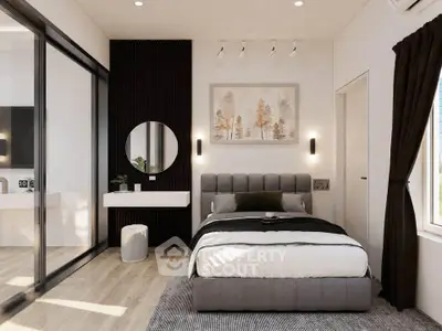 Modern bedroom with stylish decor, featuring a plush bed, elegant wall art, and a sleek vanity area.