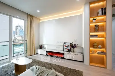 Modern living room with elegant built-in shelves and city view balcony.