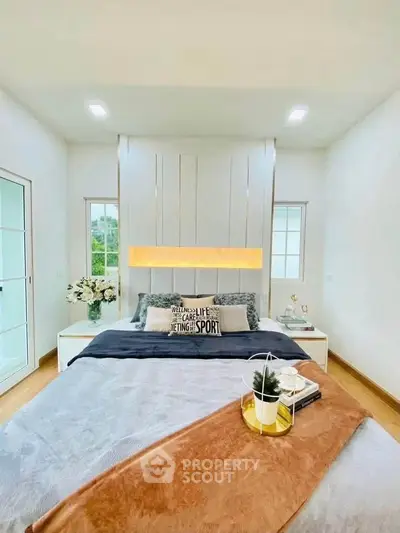 Luxurious bedroom with modern decor and cozy ambiance, featuring elegant lighting and stylish furnishings.