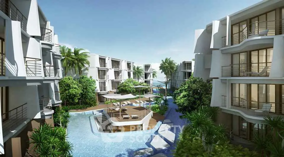 Luxurious modern apartment complex with pool and lush greenery, perfect for resort-style living.