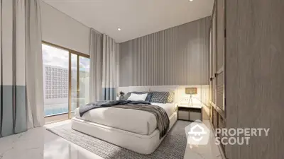 Spacious modern bedroom with king-sized bed, elegant decor, and ample natural light streaming through floor-to-ceiling windows, leading to a private balcony.