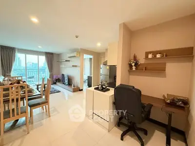 Spacious open-plan living room with dining area and city view, perfect for modern living.