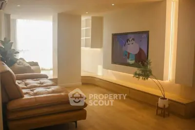 Luxurious living room with modern decor and built-in TV, featuring cozy seating and ambient lighting.