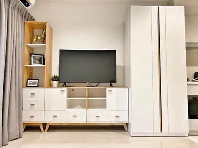 Modern living room with sleek TV stand and minimalist decor