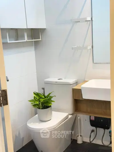 Modern bathroom with sleek fixtures and stylish plant decor.