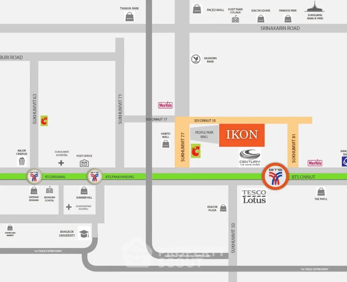 Map showing location of IKON near BTS On Nut and Tesco Lotus in Bangkok.