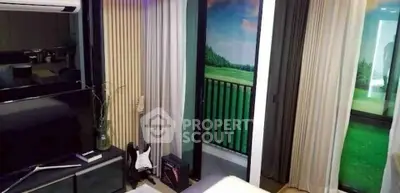 Stylish bedroom with balcony and scenic view, featuring modern decor and musical instruments.
