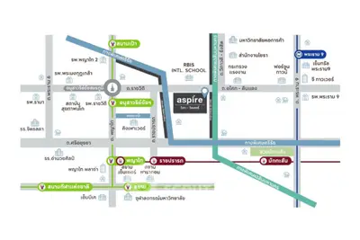 Map showing Aspire condo location near public transport and amenities in vibrant Bangkok area.