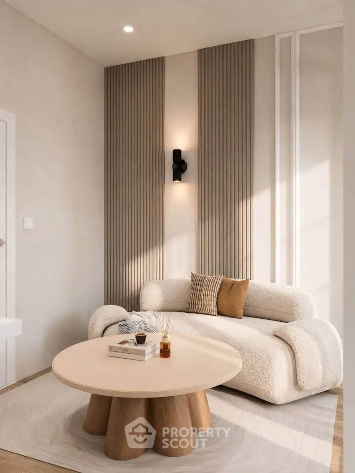 Stylish modern living room with cozy sofa and elegant round coffee table, featuring chic wall paneling.
