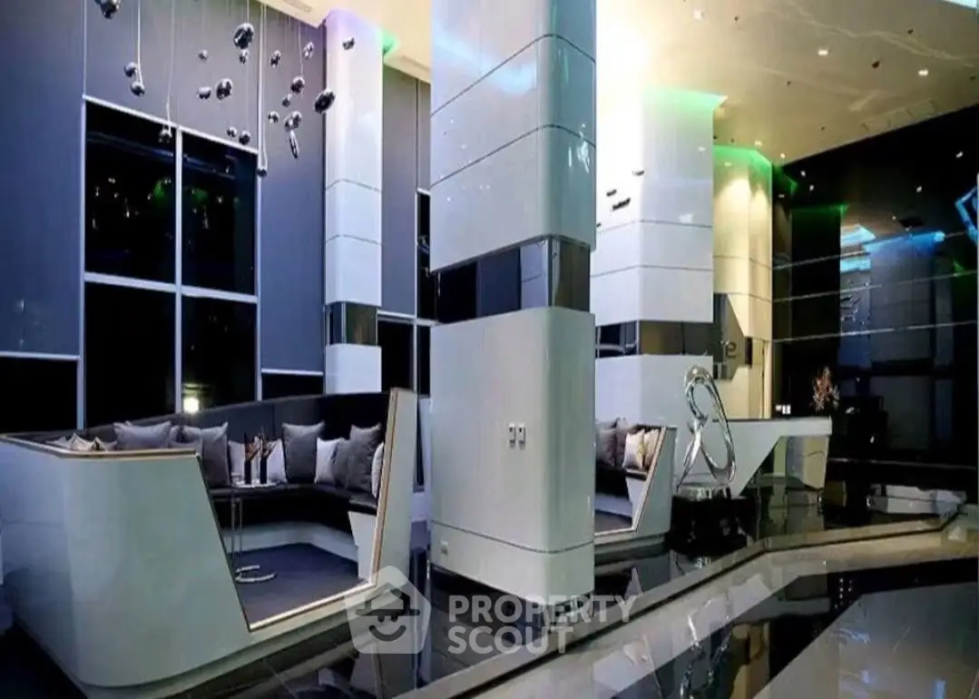 Luxurious modern living room with sleek design and ambient lighting