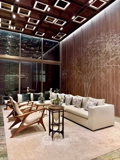 Luxurious living room with elegant wooden ceiling and modern furniture