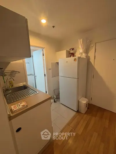 Compact kitchen with fridge and sink in cozy apartment
