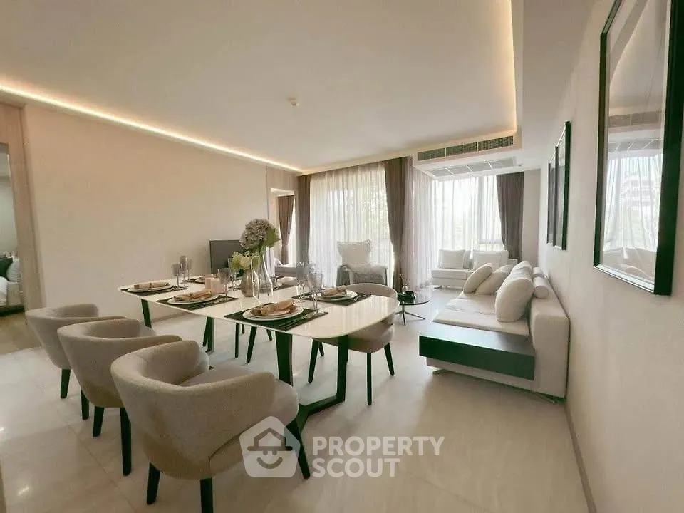 Luxurious modern living room with elegant dining area and natural light