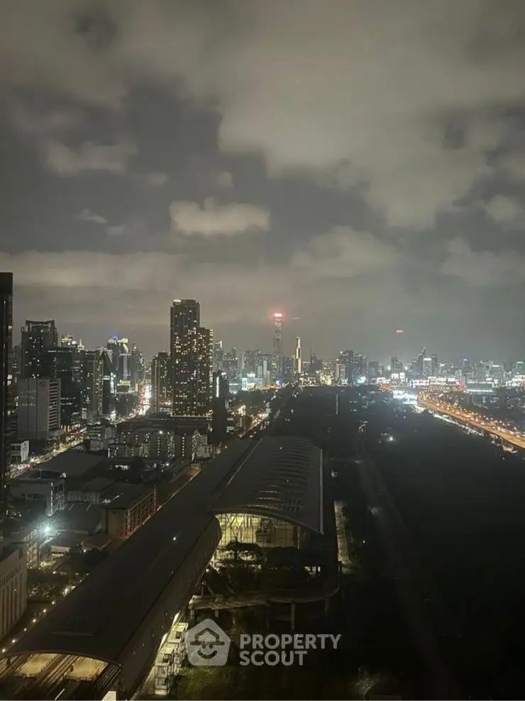 Stunning cityscape view from high-rise building at night with illuminated skyline.