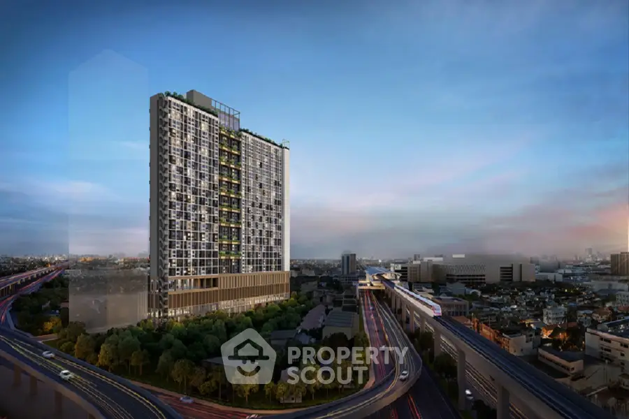 Stunning high-rise building with panoramic city views and lush greenery, perfect for urban living.