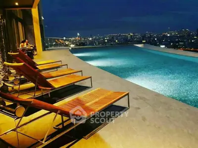 Luxurious rooftop pool with stunning city skyline view at night.